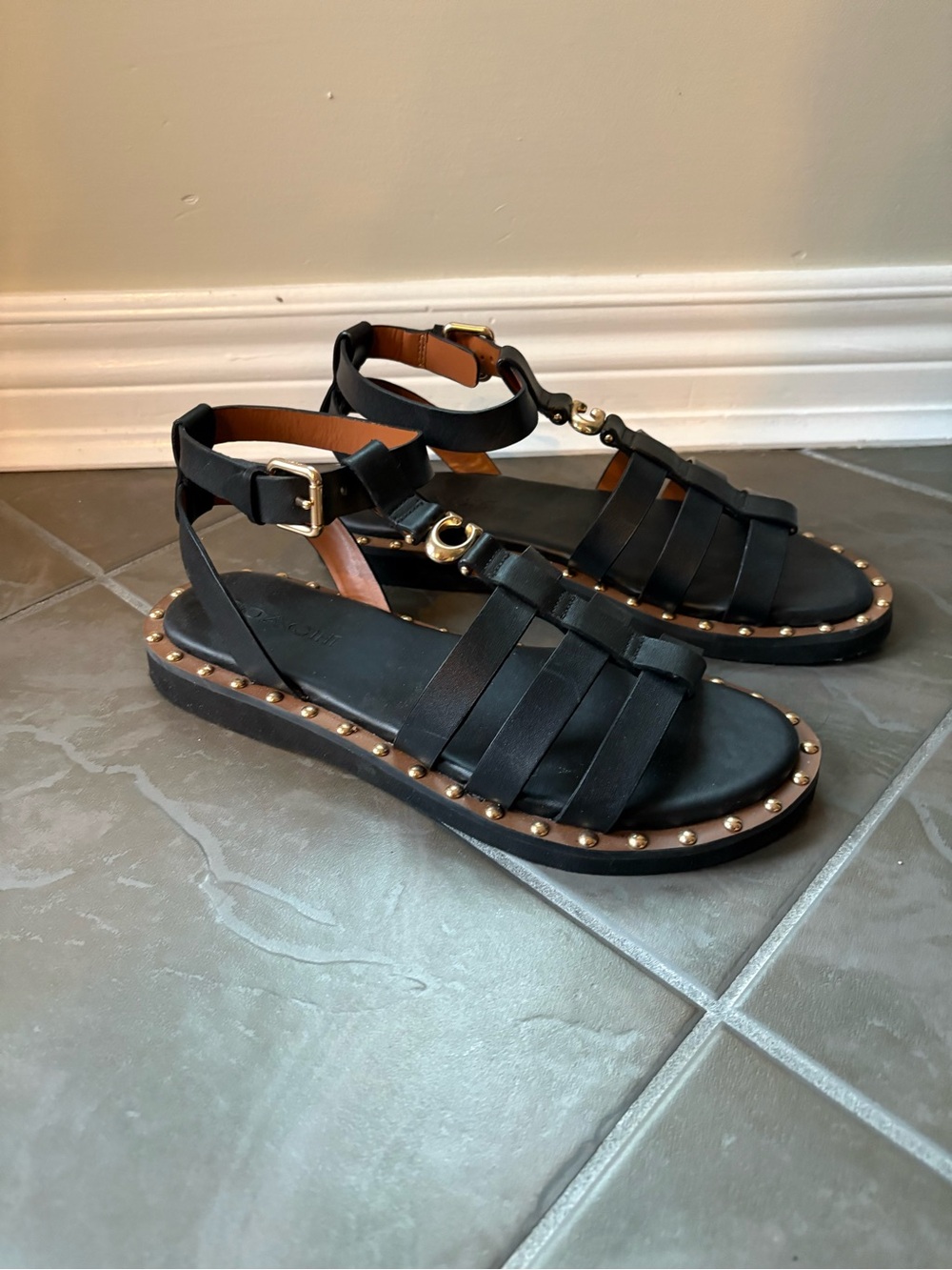 Coach Black Leather Studded Ankle-Strap Sandals